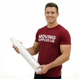 Man holding a large roll of moving supplies with 'MOVING SUPPLIES.UK' t-shirt on a white background